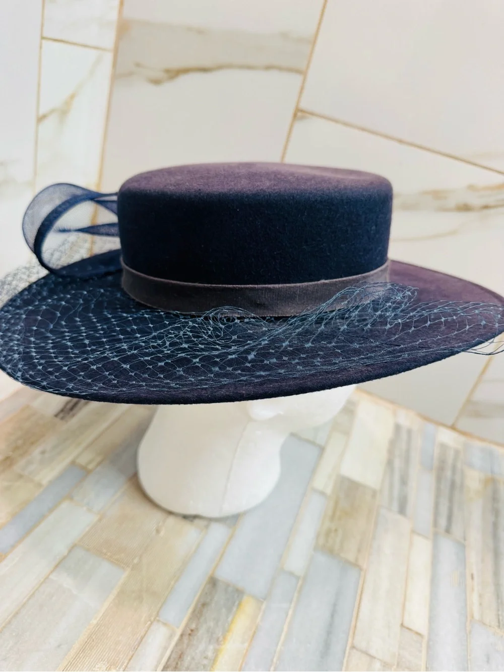 Vintage Bollman Hat Co USA Navy Doeskin Felt Wide Brim Veil Hat Sz 7 Wool